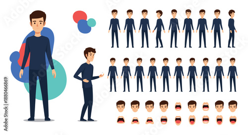 Comprehensive male character design kit including full body poses various facial expressions and different mouth positions.
