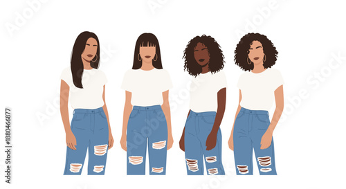 Four diverse young women standing together in a row wearing simple white t-shirts and stylish ripped blue denim jeans.