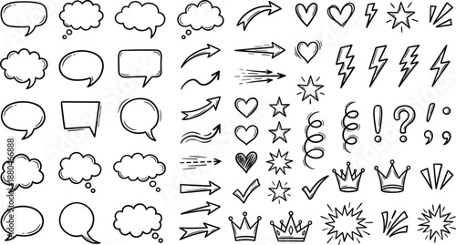 Collection of hand drawn chat bubbles arrows and embellishments