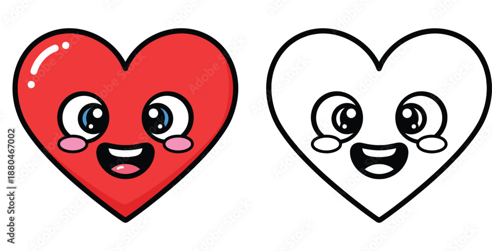 Obraz premium Cute cartoon red heart character and black and white outline vector illustration for coloring book. Happy kawaii mascot emoji icon for Valentine's Day, love, or health design.