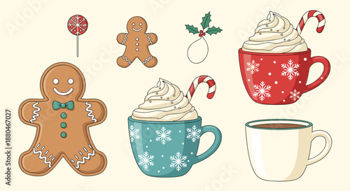 Holiday treat set with cute gingerbread men hot chocolate mugs with whipped cream candy canes and seasonal holly berries.