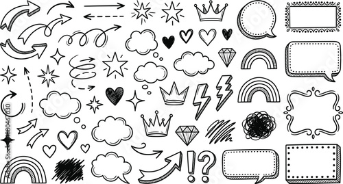 A collection of whimsical black and white line drawings of various shapes and symbols