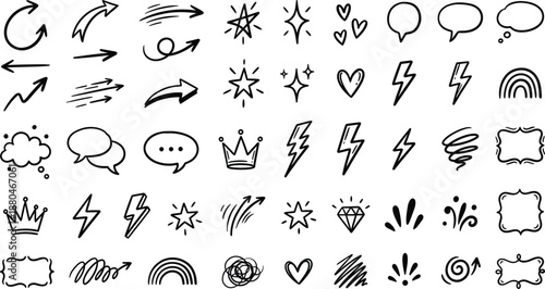 A collection of 36 hand drawn icons including arrows symbols and emoticons