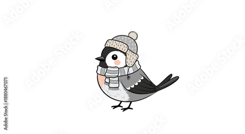 Cute little bird character bundled up in a warm knitted winter hat and a striped scarf standing on a white background.