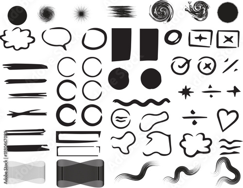 Collection of various black and white graphic design elements and shapes
