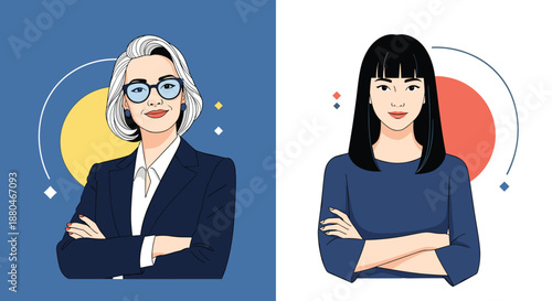 Two portraits of modern professional women in business attire featuring different ages and ethnicities in a flat style.