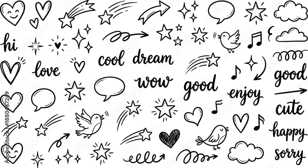 Obraz premium A collection of whimsical doodles and words on a white background