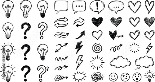 A collection of various thought and emotion icons in black and white