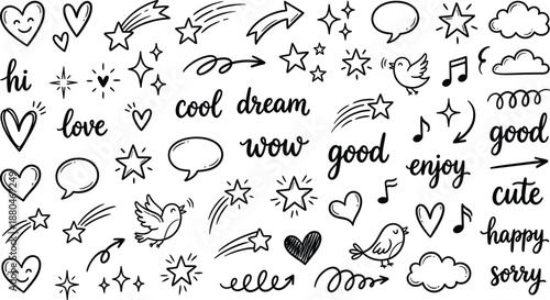 A collection of whimsical doodles and words on a white background