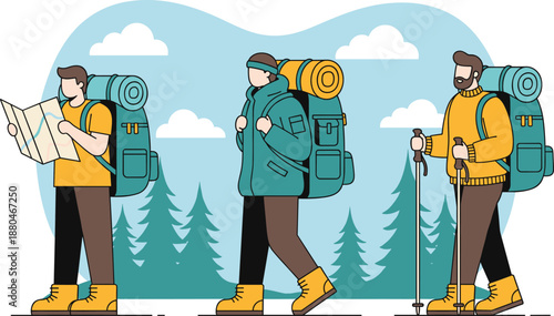 Hiking People Illustration with Backpackers Walking in Nature Showing Outdoor Adventure, Trekking Journey, Travel Exploration and Camping Lifestyle Design