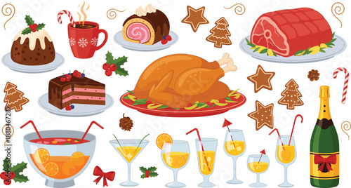 Festive Christmas Food and Drink Icons Set with Turkey, Pudding, Cakes, Mulled Wine, Champagne and Holiday Treats