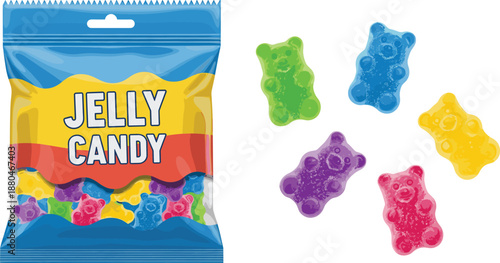 Colorful Gummy Bear Jelly Candies in Blue Yellow Packaging Bag with Scattered Assorted Fruit Flavored Bears for Sweet Treat Illustrations, Candy Shop Designs