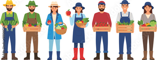 Diverse Cartoon Farmers and Gardeners Holding Fresh Organic Vegetables and Fruits for Farm Illustrations, Agriculture Themes, Eco-Friendly Designs, Harvest Season Graphics, and Educational Materials