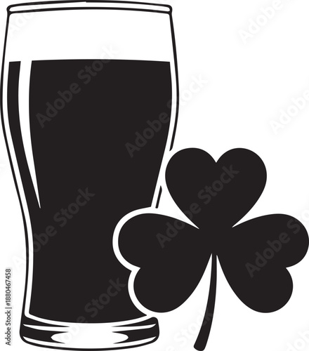 Black and white illustration of a pint of dark beer and a shamrock