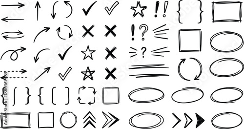 A collection of various black and white typographic and graphic design elements