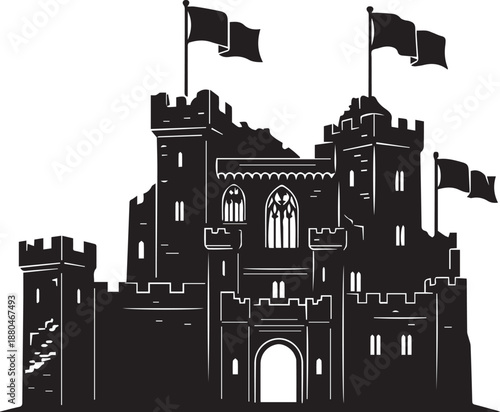 Silhouette of a grand medieval castle with flags flying high