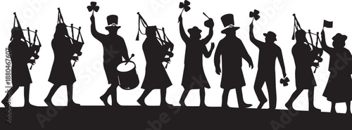 Silhouette of a marching band with festive hats and instruments