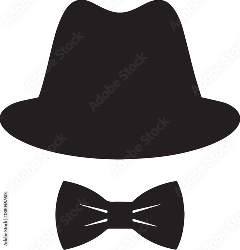 Classic black fedora hat and bow tie silhouette icon