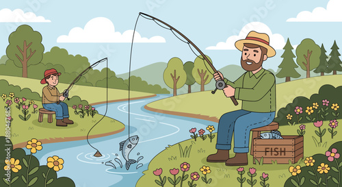 Man and Boy Enjoying a Day of Fishing by the River