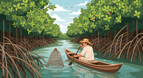 Man Fishing in a Serene Mangrove Forest Waterway
