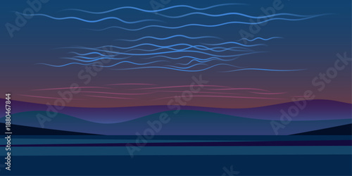 Night landscape valley vector illustration. Astronomy cover and background