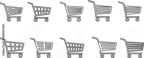 Set of ten different supermarket shopping cart icons outline design style