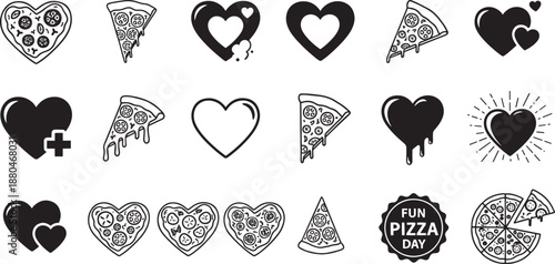 Pizza and heart icons for food celebration and romantic restaurant