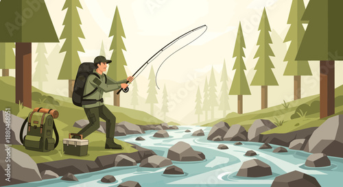 Man Fly Fishing in Serene River Landscape