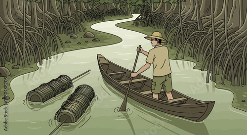 Man Navigating Canoe through Mangrove Forest Waterway