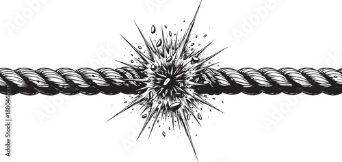 Broken rope with explosion effect vector illustration. separation, stress, danger