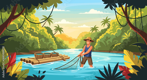 Man Pulling a Raft through a Tropical River