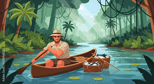 Man Paddling a Canoe through a Serene Jungle River