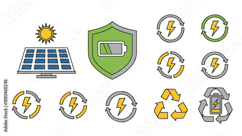 Modern energy icons showcasing sustainable power generation, eco-friendly battery charging, and renewable resource usage