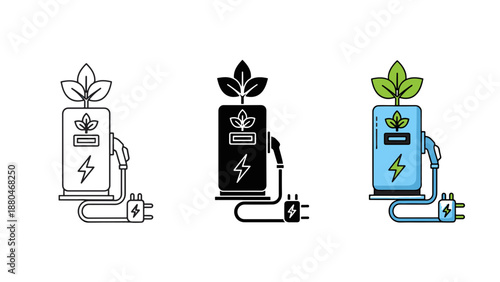 Sustainable Electric Vehicle Charging Station Icon Set Representing Green Energy and Eco-Friendly Transportation Solutions