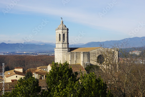 The view of Girona Cathedral opening from Alemanys Garden, Girona, Spain