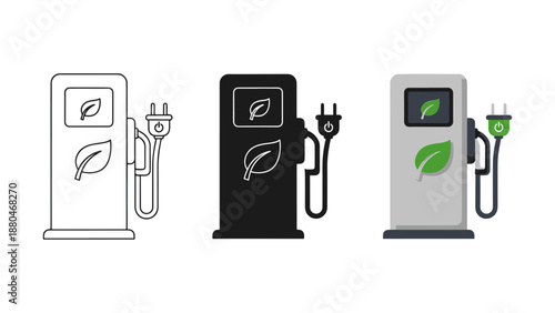 Sustainable Electric Vehicle Charging Station Icon Set Illustrating Green Energy and Eco-Friendly Transportation Solutions