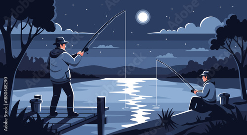 Men Enjoying Nighttime Fishing by the Serene Lake Shore