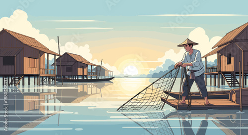 Fisherman casting net in serene water village at sunrise