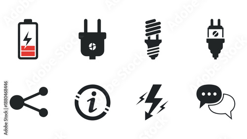Diverse vector icon set for digital applications, encompassing essential concepts of charging, power, energy, communication, and vital information symbols for modern interface designs