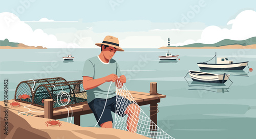 Fisherman mending fishing net on a dock by the sea with boats in the background