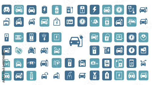 Essential icon set illustrating electric vehicle charging infrastructure and eco-friendly automotive technology for sustainable urban transport