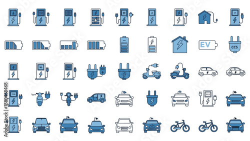 Essential vector icon set illustrating electric vehicle charging infrastructure, battery states, and diverse green transportation options