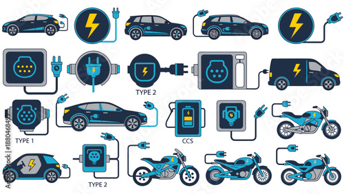 Illustrative infographic detailing various electric vehicle charging types and connectors, showcasing modern sustainable transportation technology and evolving infrastructure