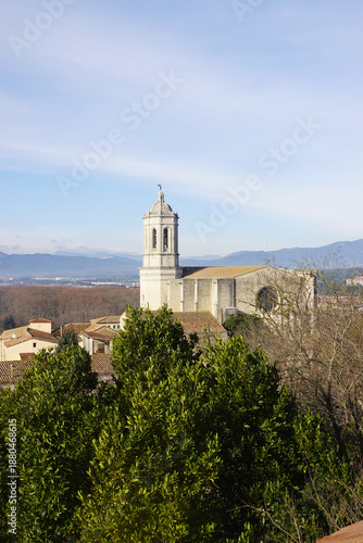 The view of Girona Cathedral opening from Alemanys Garden, Girona, Spain