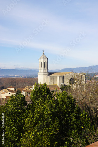 The view of Girona Cathedral opening from Alemanys Garden, Girona, Spain