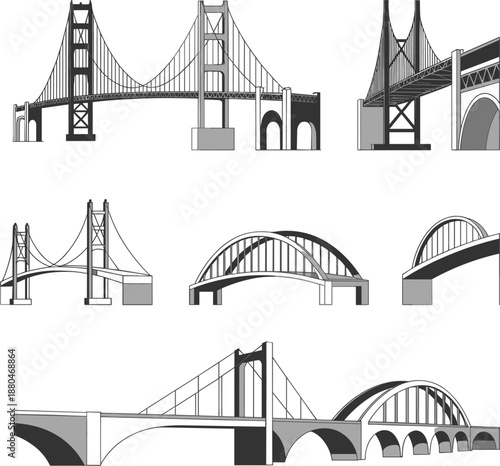Suspension and arch bridge vector set, architectural engineering icons for infrastructure and urban design