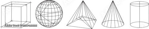 Geometric 3d shape wireframe collection with cube sphere and cone