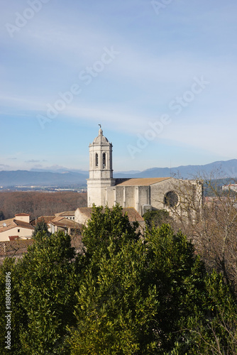 The view of Girona Cathedral opening from Alemanys Garden, Girona, Spain