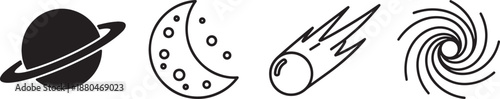 Space astronomy icons featuring planet moon comet and galaxy spiral