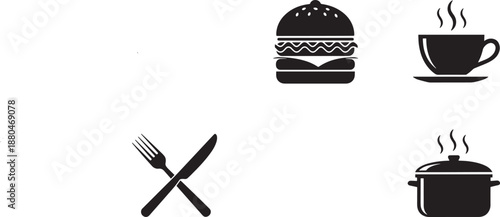 Food and drink silhouette icons featuring burger coffee and cooking